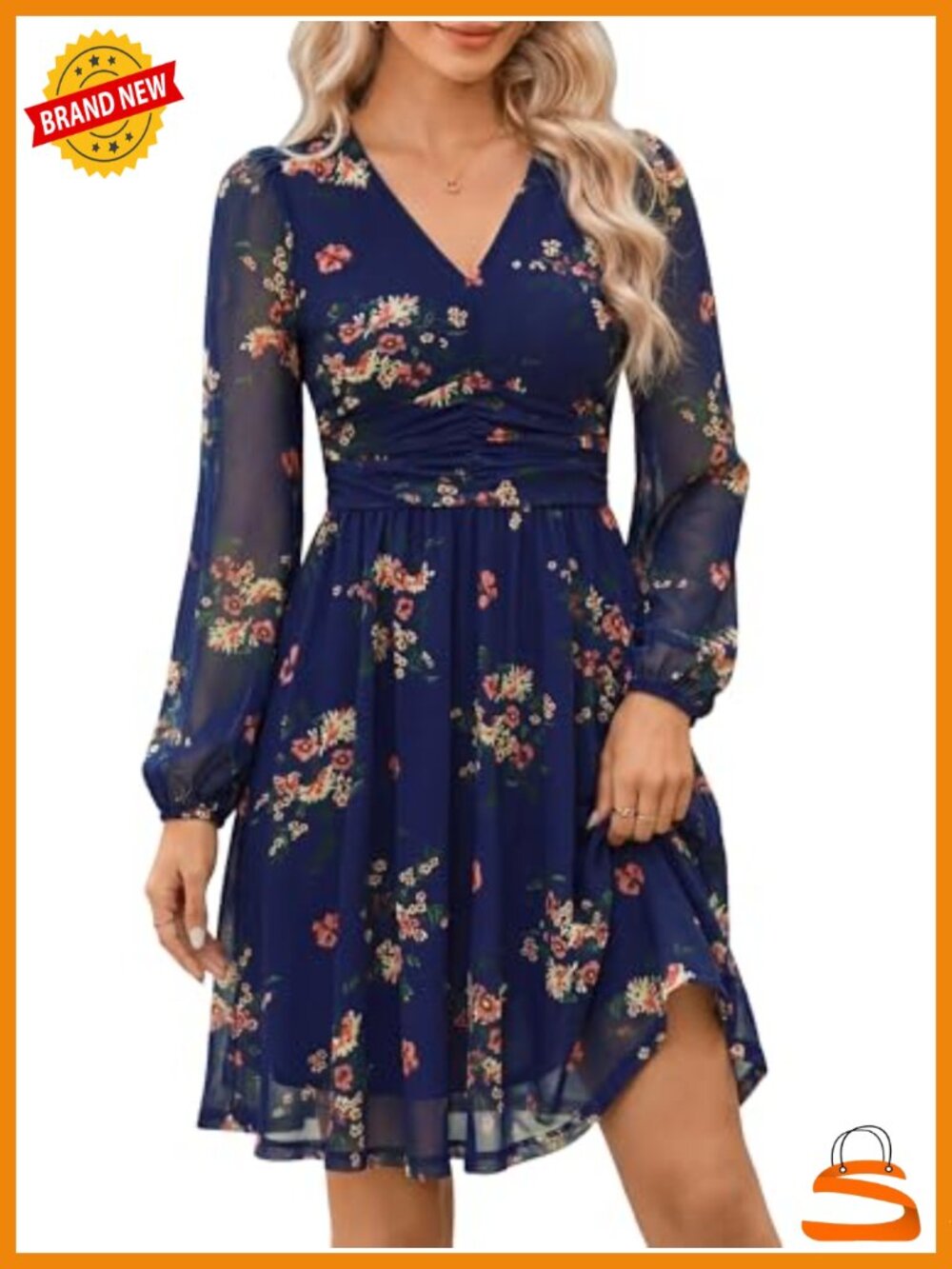 Women Floral V Neck Long Sleeve Mini Dress Stretchy Mesh Corset Wedding Guest